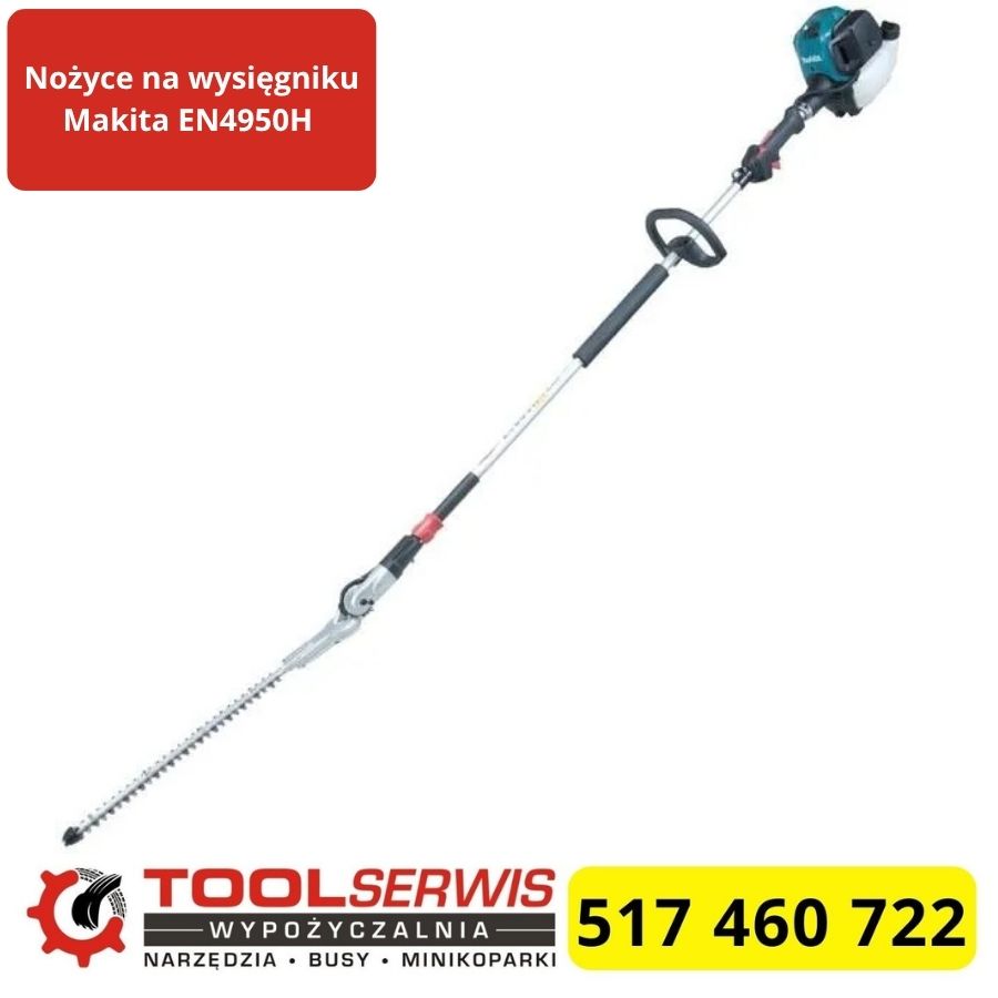 Makita EN4950H nożyce na wysięgniku z listwą 49 cm podczas cięcia wysokiego żywopłotu